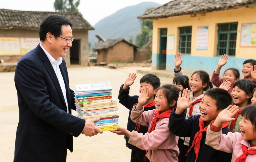 一位慈善家向乡村学校捐赠教育物资，孩子们开心地挥手致谢，背景是温馨的校园