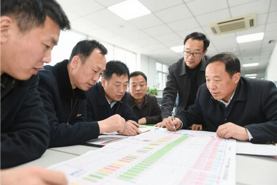 一组彩民正在认真分析数据走势图表，神情专注，背景为明亮的办公室环境