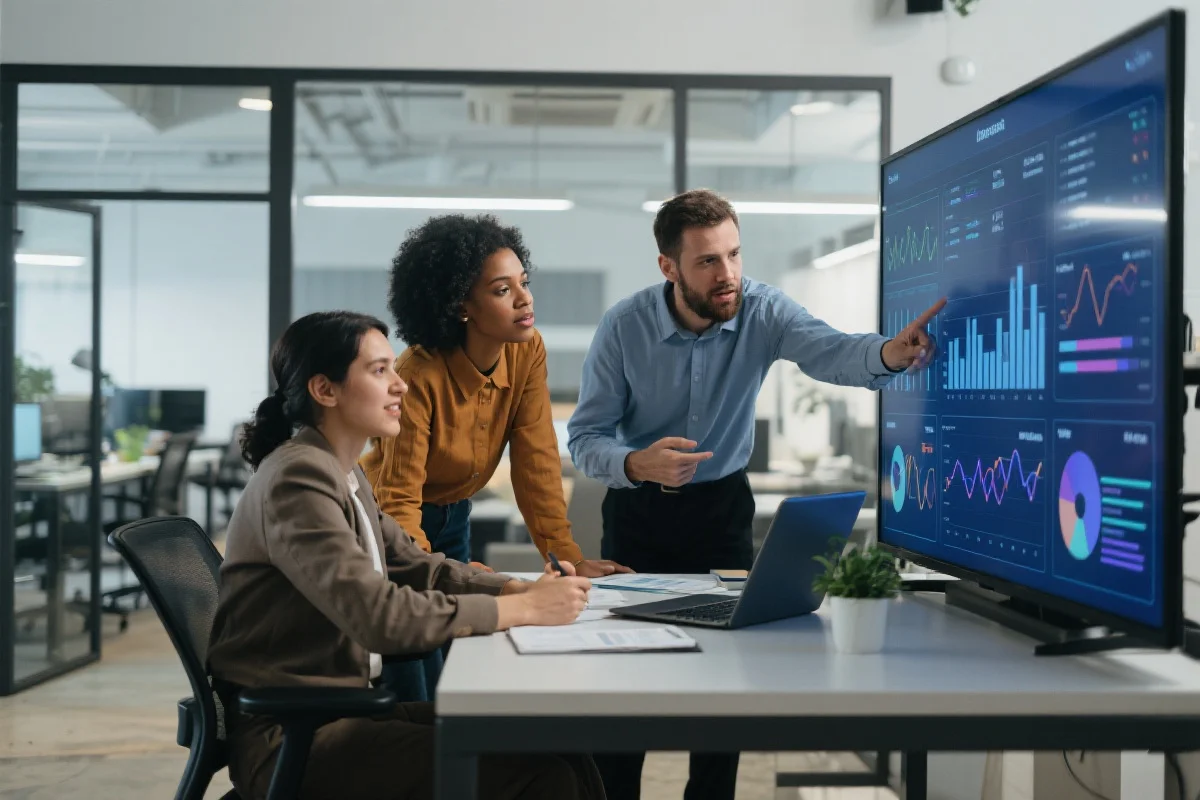 一群多样化的三人在一个现代、光线充足的共享办公空间中，协作观看大屏幕上显示复杂数据可视化图表，进行深入的讨论，营造出专业和分析的氛围